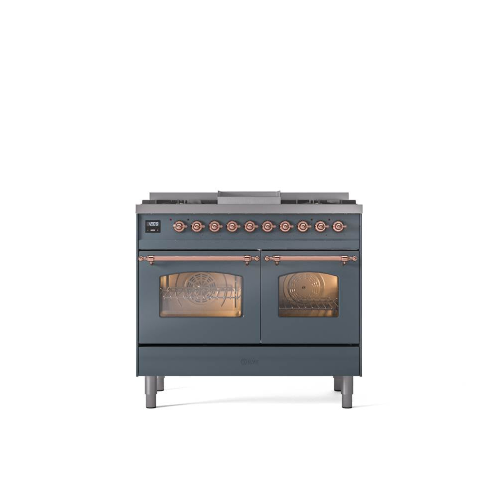 ILVE - 40'' Nostalgie II Series Freestanding Dual Fuel Range - Double Oven - Blue Grey - Copper trim - Griddle - Natural Gas - Copper