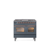 ILVE - 40'' Nostalgie II Series Freestanding Dual Fuel Range - Double Oven - Blue Grey - Copper trim - Griddle - Natural Gas - Copper
