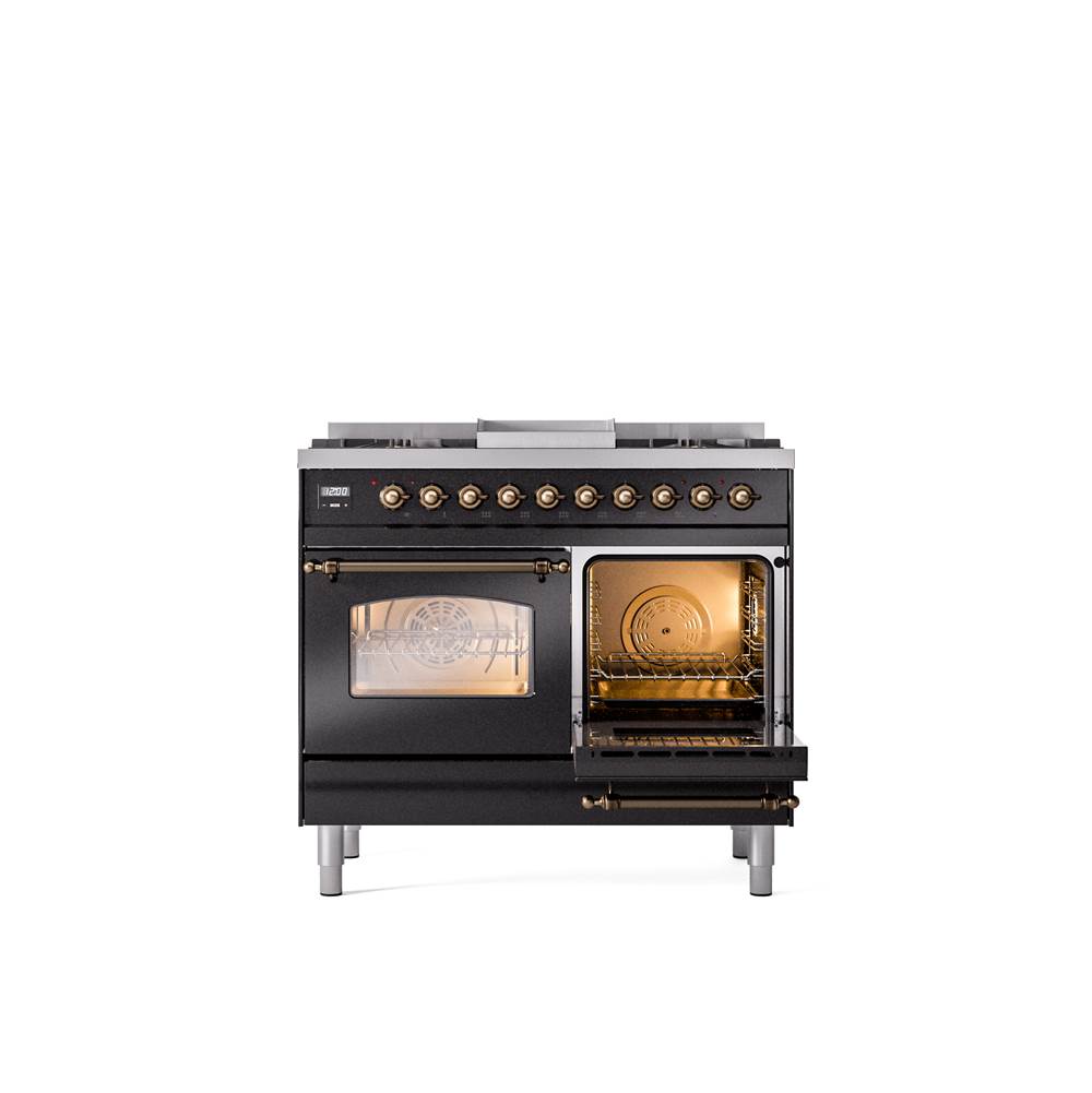 40'' Nostalgie II Series Freestanding Dual Fuel Range - Double Oven - Glossy Black - Bronze trim - Griddle - Natural Gas