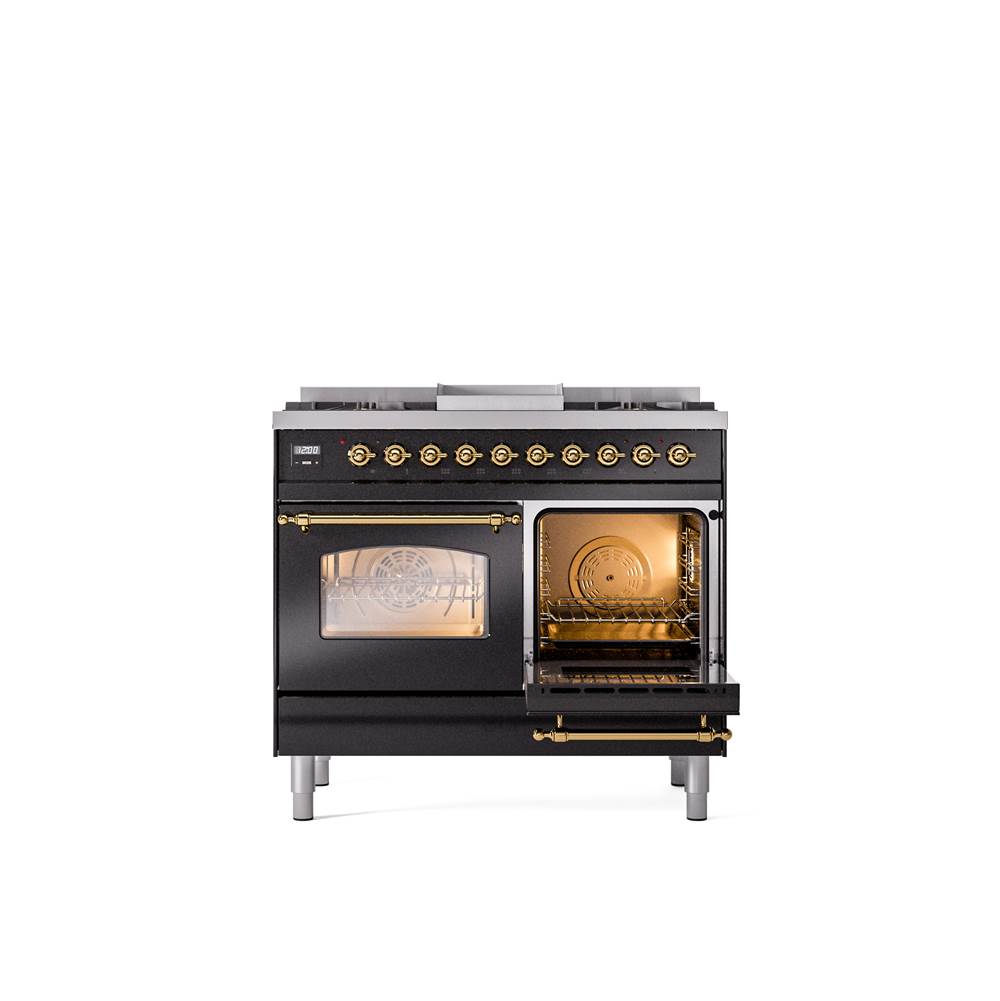 40'' Nostalgie II Series Freestanding Dual Fuel Range - Double Oven - Glossy Black - Bronze trim - Griddle - Natural Gas