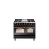40'' Nostalgie II Series Freestanding Dual Fuel Range - Double Oven - Glossy Black - Bronze trim - Griddle - Natural Gas