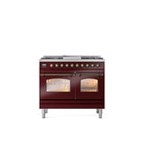 ILVE - 40'' Nostalgie II Series Freestanding Dual Fuel Range - Double Oven - Burgundy - Bronze trim - Griddle - Natural Gas - Bronze