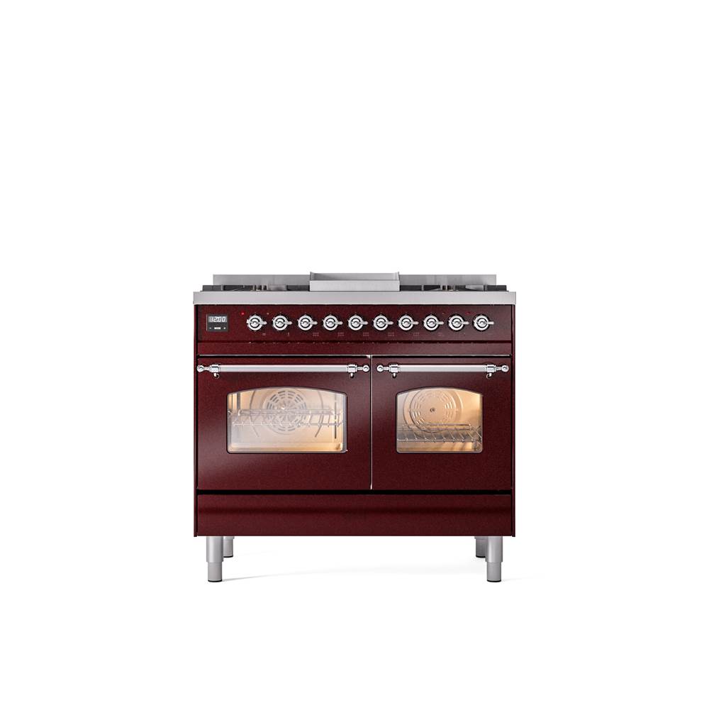 ILVE - 40'' Nostalgie II Series Freestanding Dual Fuel Range - Double Oven - Burgundy - Chrome trim - Griddle - Natural Gas - Chrome