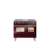 ILVE - 40'' Nostalgie II Series Freestanding Dual Fuel Range - Double Oven - Burgundy - Chrome trim - Griddle - Natural Gas - Chrome