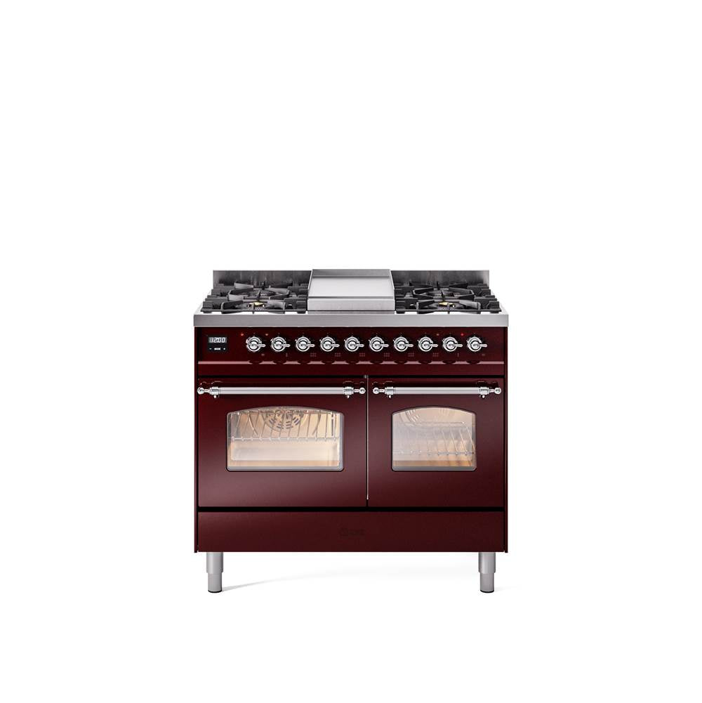 40'' Nostalgie II Series Freestanding Dual Fuel Range - Double Oven - Burgundy - Bronze trim - Griddle - Natural Gas
