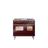 ILVE - 40'' Nostalgie II Series Freestanding Dual Fuel Range - Double Oven - Burgundy - Copper trim - Griddle - Natural Gas - Copper