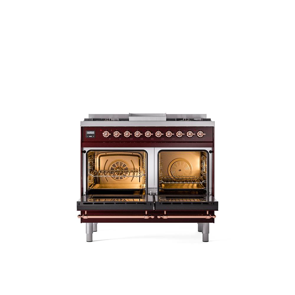 40'' Nostalgie II Series Freestanding Dual Fuel Range - Double Oven - Burgundy - Copper trim - Griddle - Natural Gas