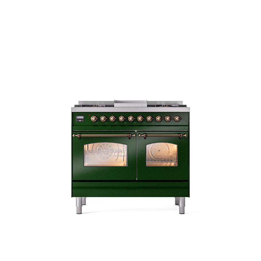 ILVE - 40'' Nostalgie II Series Freestanding Dual Fuel Range - Double Oven - Emerald Green - Bronze trim - Griddle - Natural Gas - Bronze