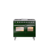 ILVE - 40'' Nostalgie II Series Freestanding Dual Fuel Range - Double Oven - Emerald Green - Chrome trim - Griddle - Natural Gas - Chrome