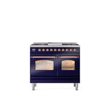 ILVE - 40'' Nostalgie II Series Freestanding Dual Fuel Range - Double Oven - Midnight Blue - Copper trim - Griddle - Natural Gas - Copper