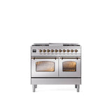 ILVE - 40'' Nostalgie II Series Freestanding Dual Fuel Range - Double Oven - Stainless Steel - Bronze trim - Griddle - Natural Gas - Bronze