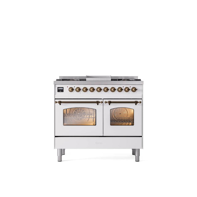 ILVE - 40'' Nostalgie II Series Freestanding Dual Fuel Range - Double Oven - White - Bronze trim - Griddle - Natural Gas - Bronze