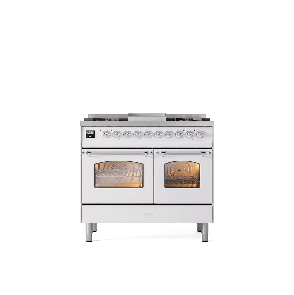 ILVE - 40'' Nostalgie II Series Freestanding Dual Fuel Range - Double Oven - White - Chrome trim - Griddle - Natural Gas - Chrome