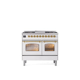 ILVE - 40'' Nostalgie II Series Freestanding Dual Fuel Range - Double Oven - White - Brass trim - Griddle - Natural Gas - Brass