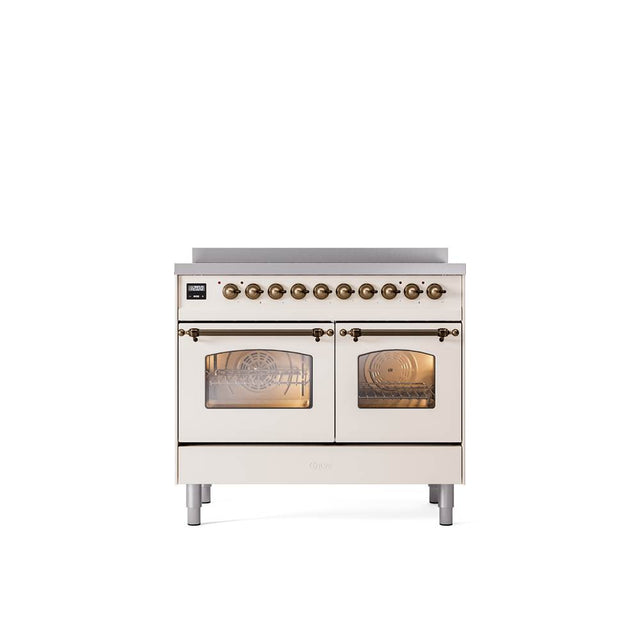 ILVE - 40'' Nostalgie II Series Freestanding Electric Induction Range - Double Oven - Antique White - Bronze trim - Bronze