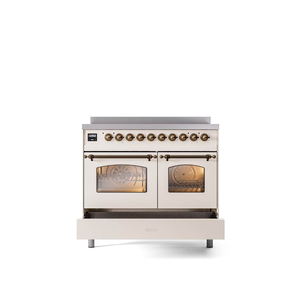 40'' Nostalgie II Series Freestanding Electric Induction Range - Double Oven - Antique White - Bronze trim