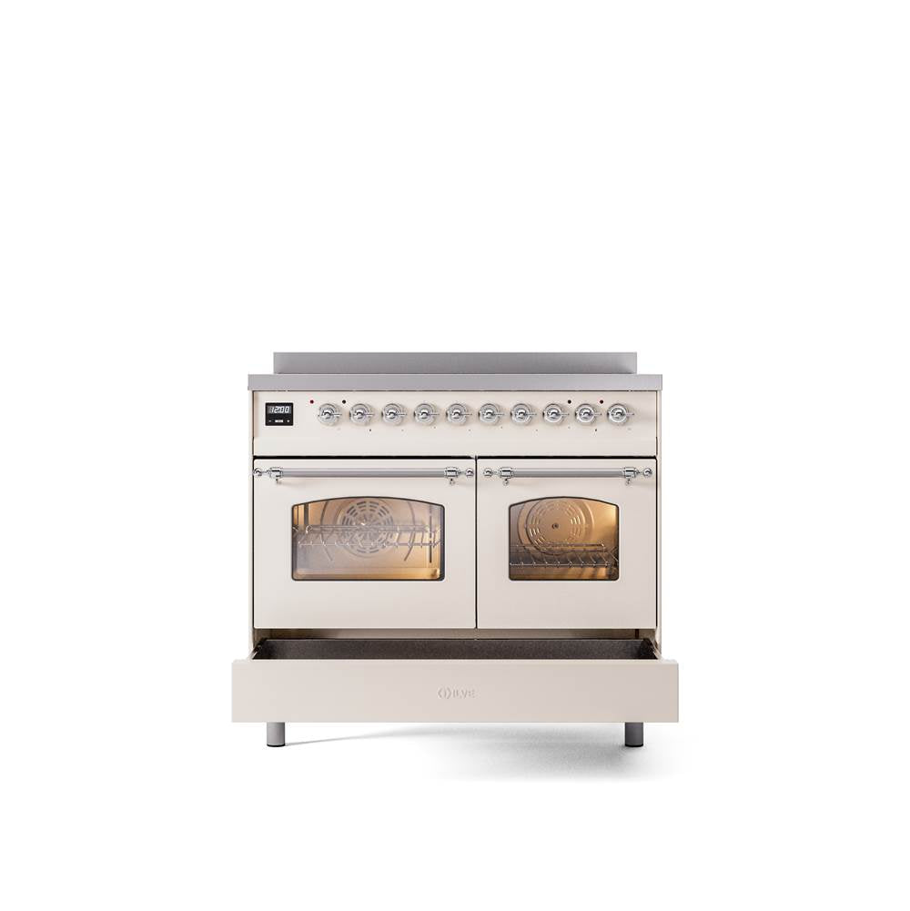 40'' Nostalgie II Series Freestanding Electric Induction Range - Double Oven - Antique White - Bronze trim