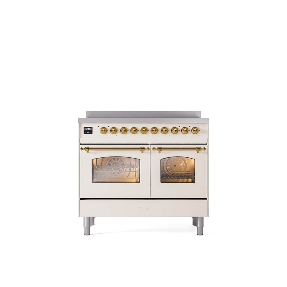 ILVE - 40'' Nostalgie II Series Freestanding Electric Induction Range - Double Oven - Antique White - Brass trim - Brass