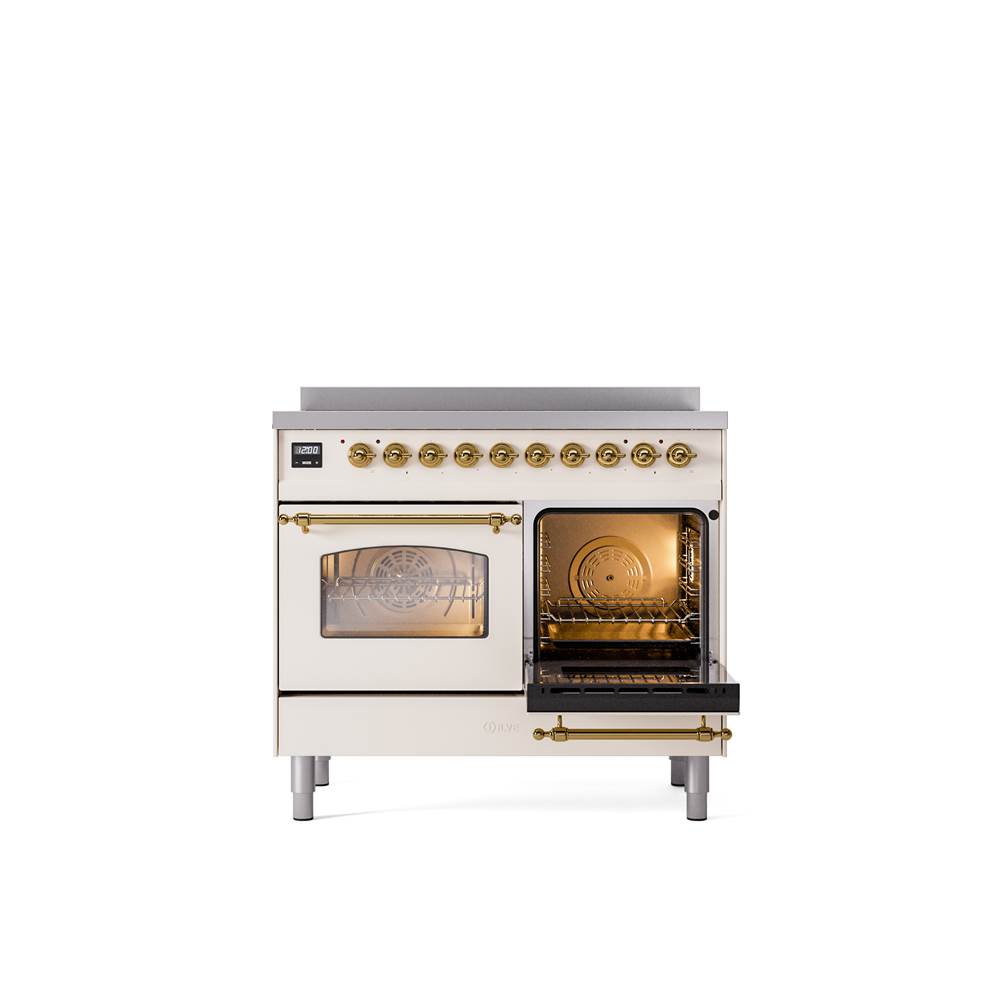 40'' Nostalgie II Series Freestanding Electric Induction Range - Double Oven - Antique White - Bronze trim