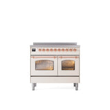 ILVE - 40'' Nostalgie II Series Freestanding Electric Induction Range - Double Oven - Antique White - Copper trim - Copper
