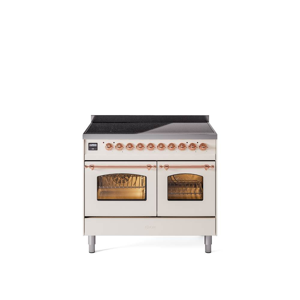 40'' Nostalgie II Series Freestanding Electric Induction Range - Double Oven - Antique White - Bronze trim