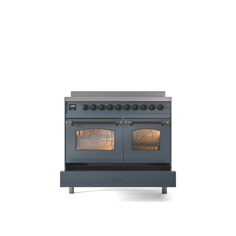 40'' Nostalgie II Series Freestanding Electric Induction Range - Double Oven - Blue Grey - Bronze trim