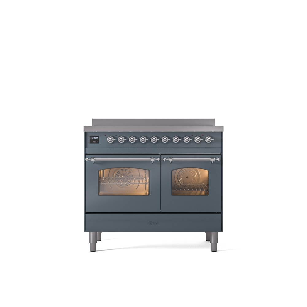ILVE - 40'' Nostalgie II Series Freestanding Electric Induction Range - Double Oven - Blue Grey - Chrome trim - Chrome