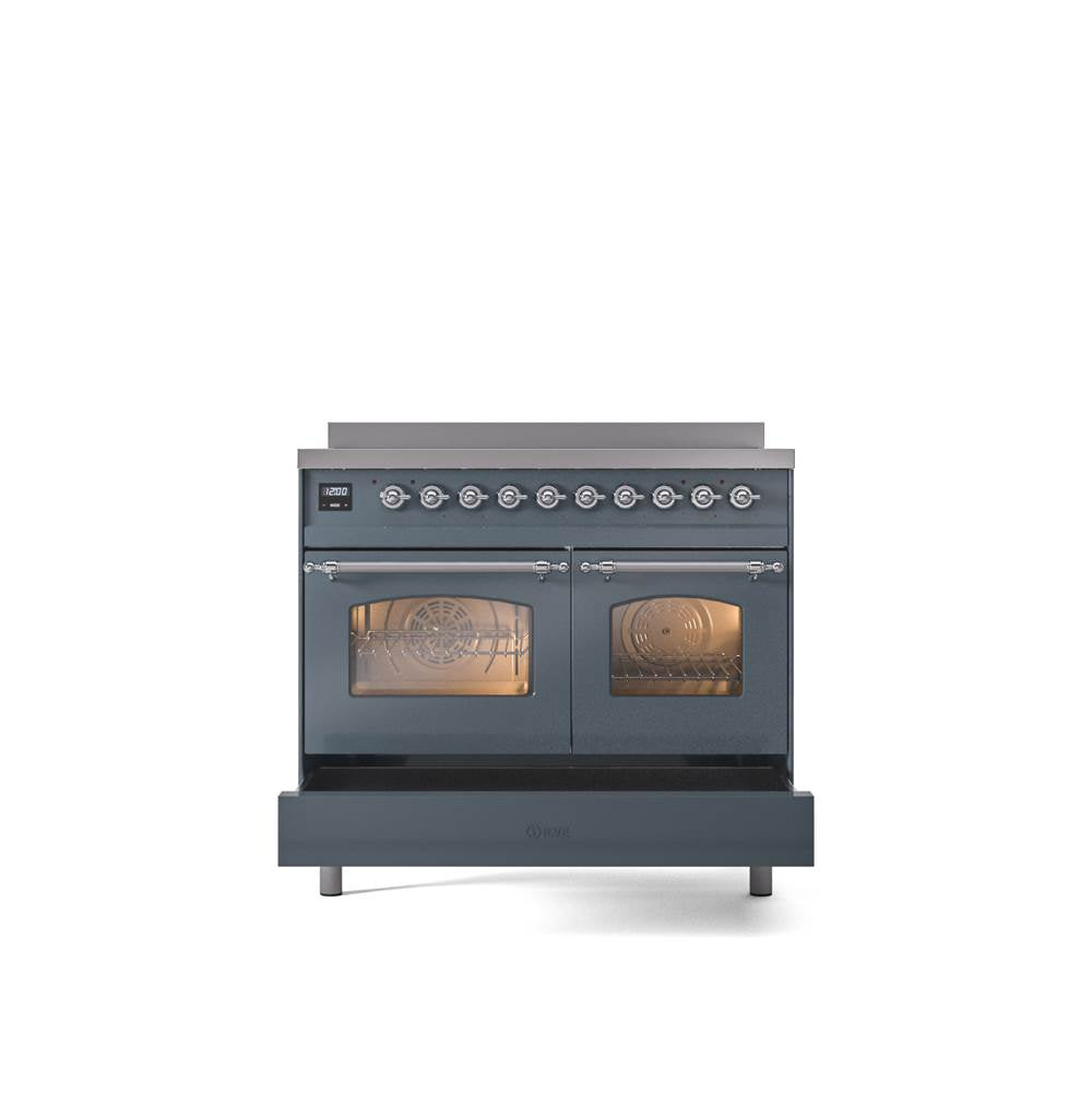 40'' Nostalgie II Series Freestanding Electric Induction Range - Double Oven - Blue Grey - Bronze trim