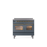 ILVE - 40'' Nostalgie II Series Freestanding Electric Induction Range - Double Oven - Blue Grey - Brass trim - Brass