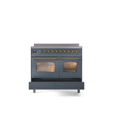 40'' Nostalgie II Series Freestanding Electric Induction Range - Double Oven - Blue Grey - Bronze trim