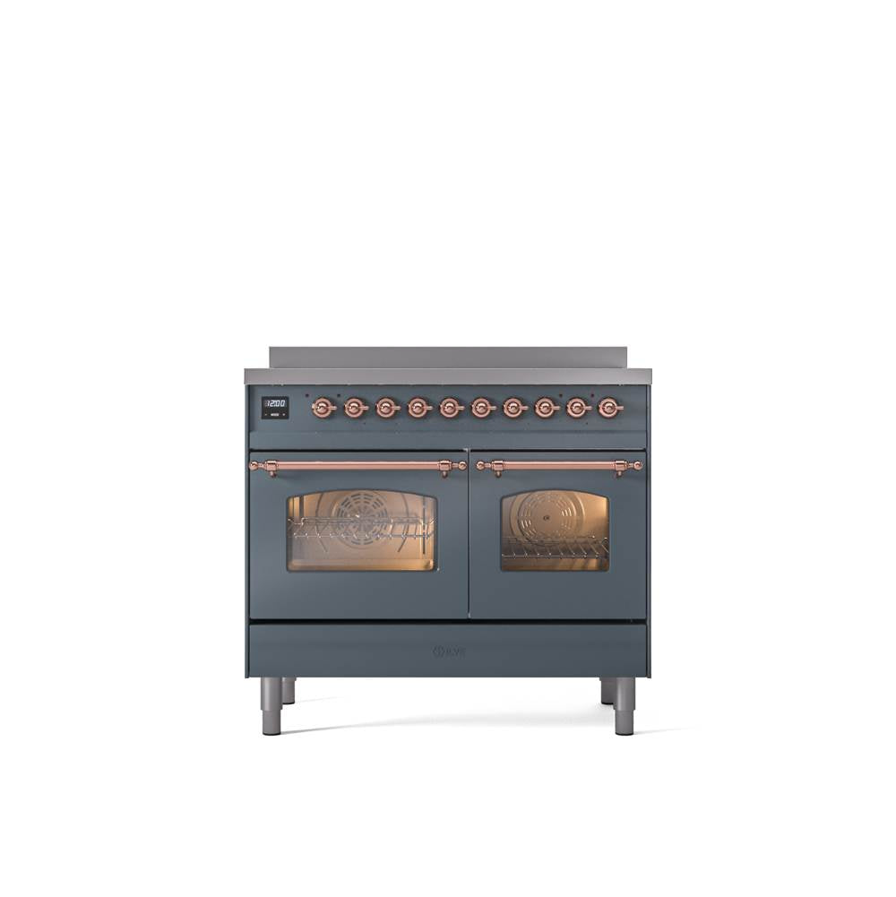ILVE - 40'' Nostalgie II Series Freestanding Electric Induction Range - Double Oven - Blue Grey - Copper trim - Copper