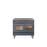 ILVE - 40'' Nostalgie II Series Freestanding Electric Induction Range - Double Oven - Blue Grey - Copper trim - Copper