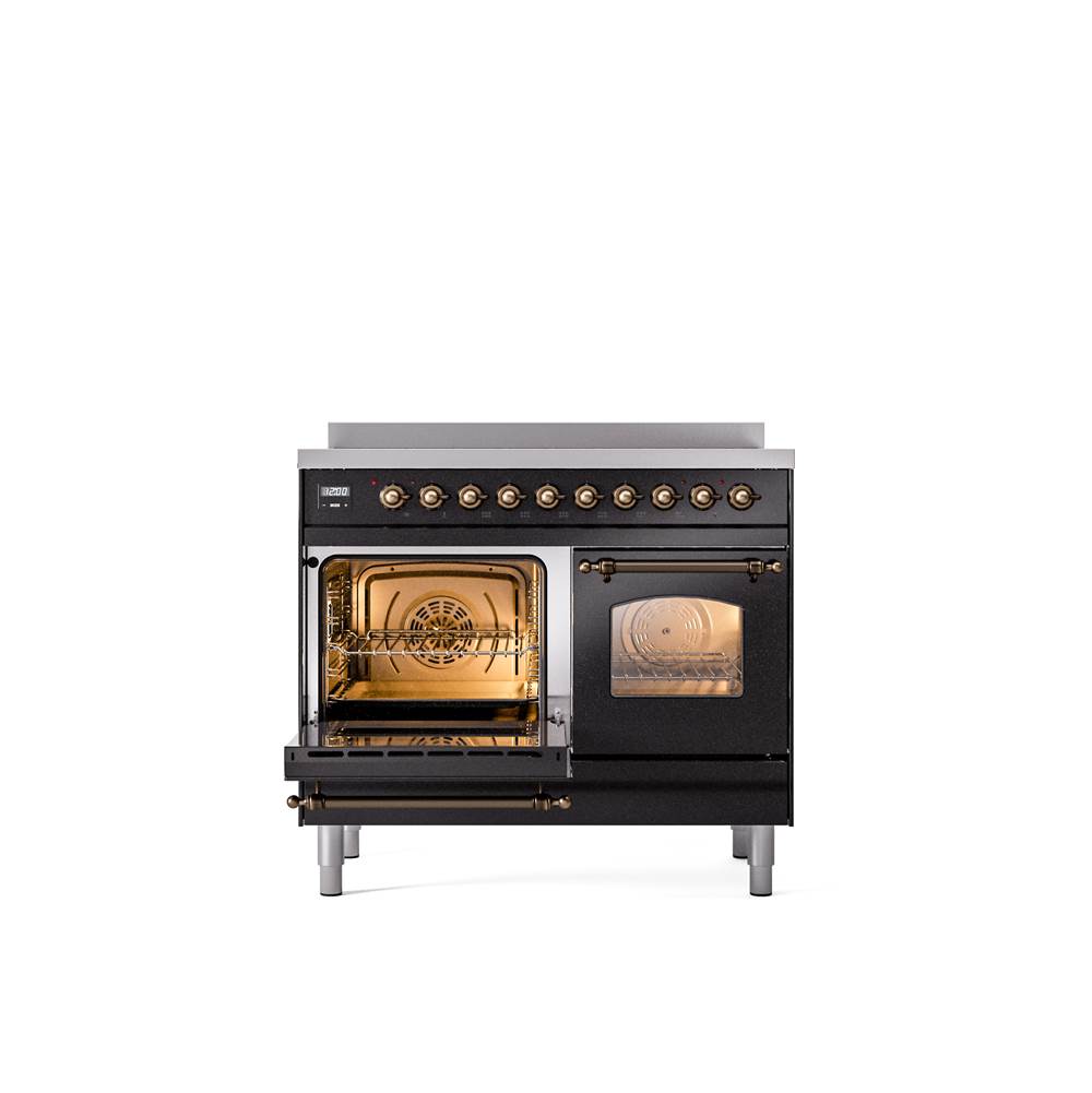 40'' Nostalgie II Series Freestanding Electric Induction Range - Double Oven - Glossy Black - Bronze trim