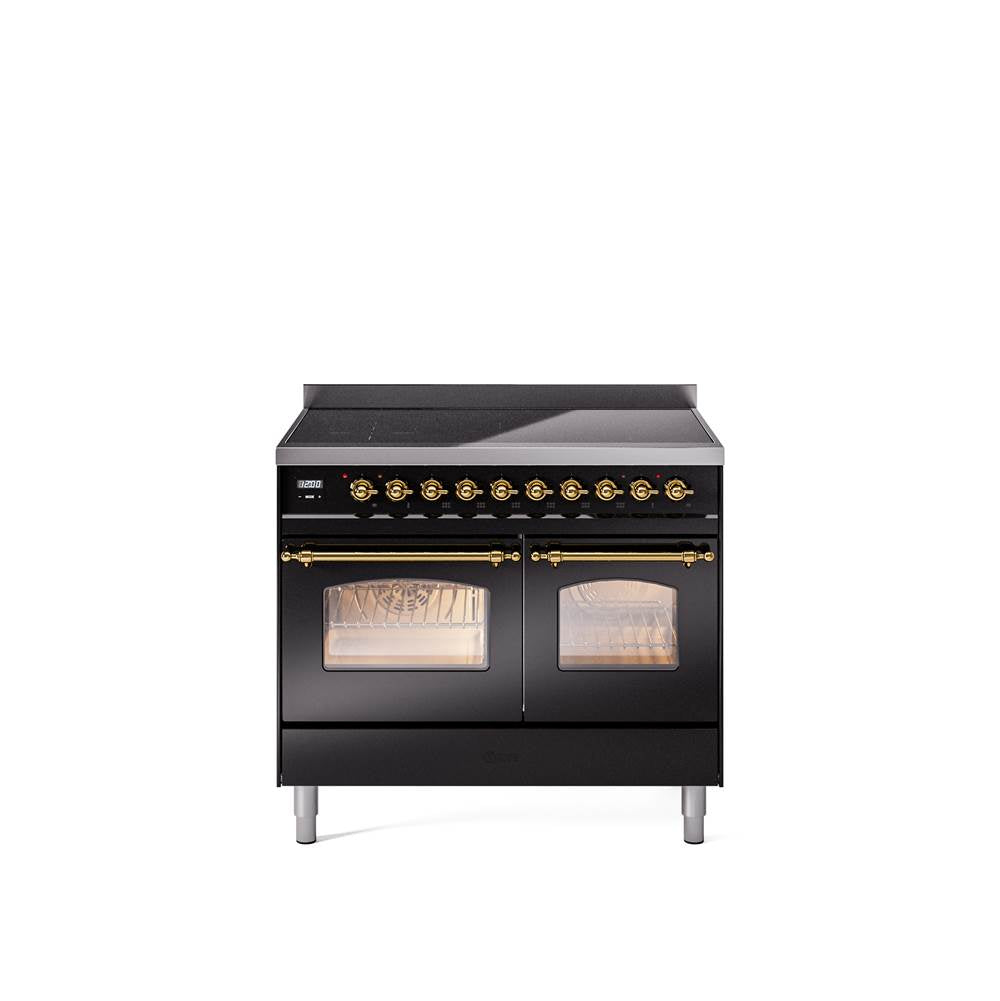40'' Nostalgie II Series Freestanding Electric Induction Range - Double Oven - Glossy Black - Bronze trim
