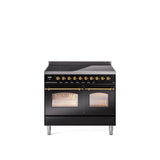 40'' Nostalgie II Series Freestanding Electric Induction Range - Double Oven - Glossy Black - Bronze trim