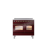 ILVE - 40'' Nostalgie II Series Freestanding Electric Induction Range - Double Oven - Burgundy - Bronze trim - Bronze