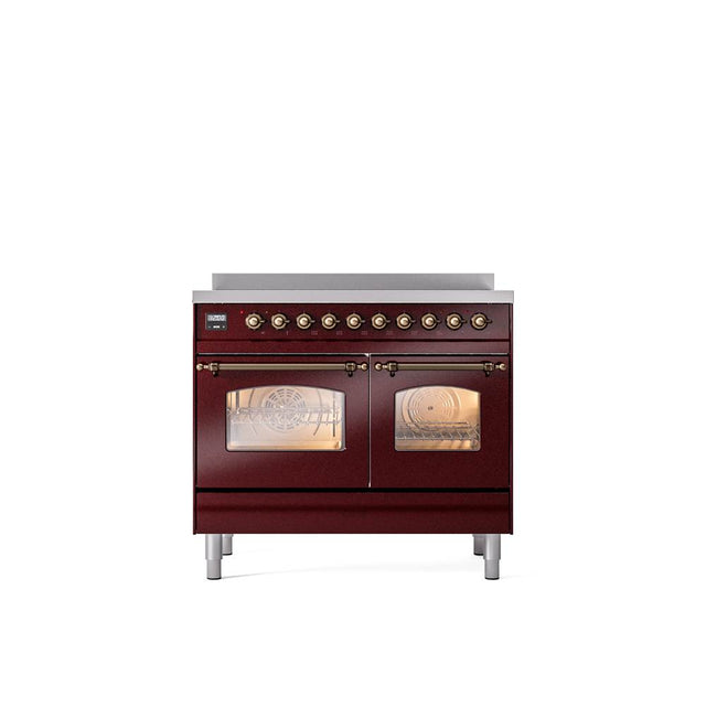 ILVE - 40'' Nostalgie II Series Freestanding Electric Induction Range - Double Oven - Burgundy - Bronze trim - Bronze