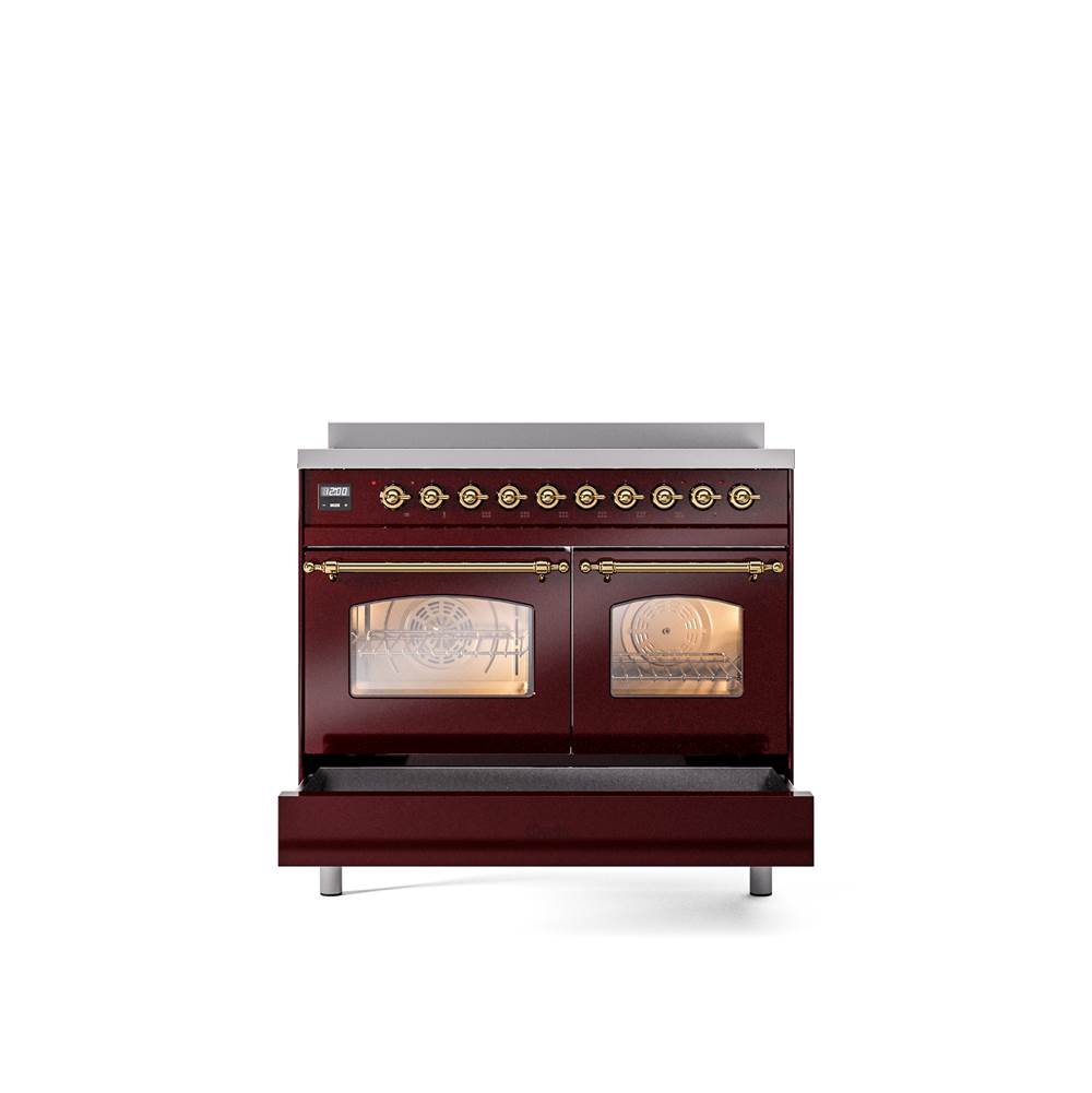 40'' Nostalgie II Series Freestanding Electric Induction Range - Double Oven - Burgundy - Bronze trim