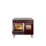 40'' Nostalgie II Series Freestanding Electric Induction Range - Double Oven - Burgundy - Bronze trim