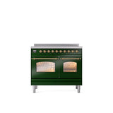 ILVE - 40'' Nostalgie II Series Freestanding Electric Induction Range - Double Oven - Emerald Green - Brass trim - Brass