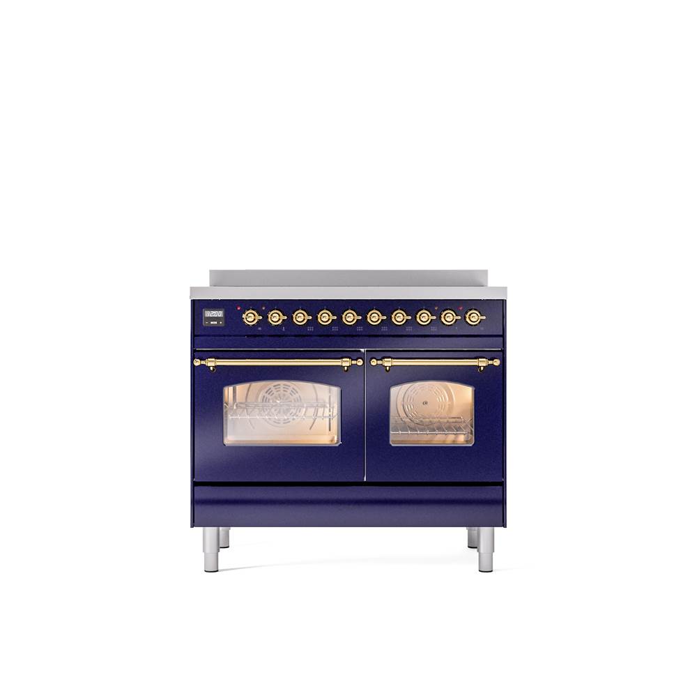 ILVE - 40'' Nostalgie II Series Freestanding Electric Induction Range - Double Oven - Blue Grey - Brass trim - Brass