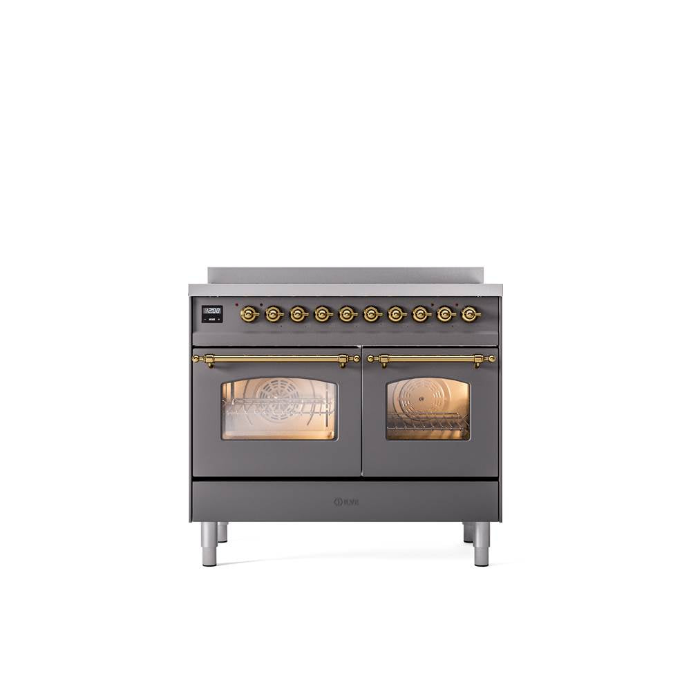 ILVE - 40'' Nostalgie II Series Freestanding Electric Induction Range - Double Oven - Matte Graphite - Brass trim - Brass