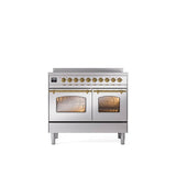 ILVE - 40'' Nostalgie II Series Freestanding Electric Induction Range - Double Oven - Stainless Steel - Brass trim - Brass