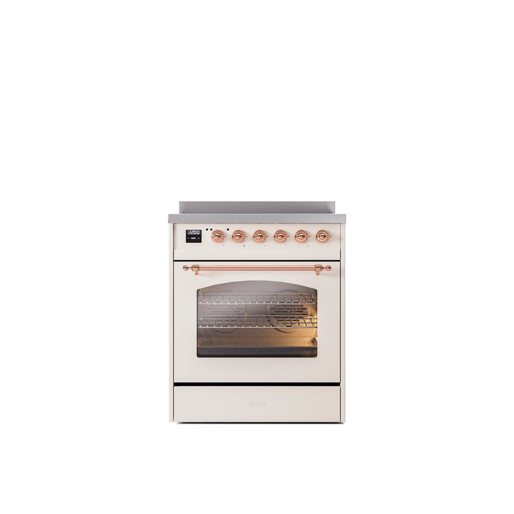 ILVE - 30'' Nostalgie II Series Freestanding Electric Induction Range - Antique White - Copper trim - Copper