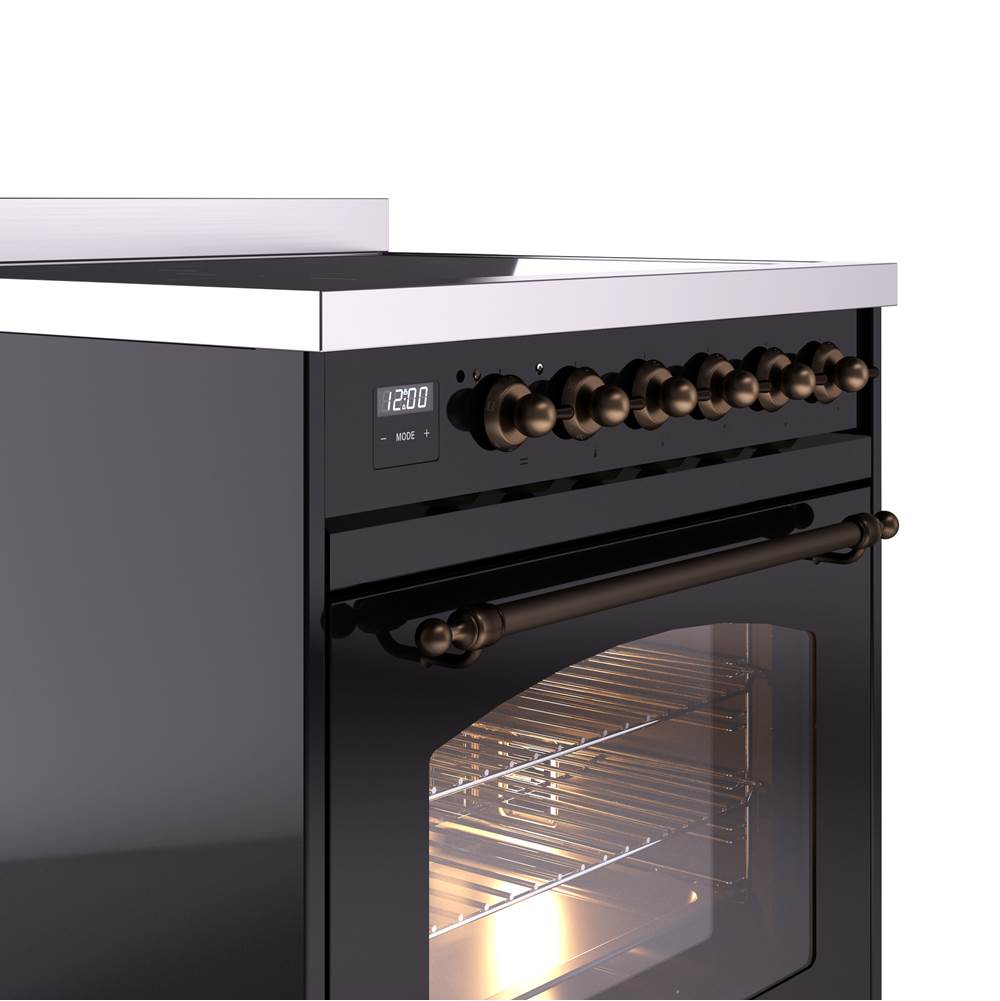 30'' Nostalgie II Series Freestanding Electric Induction Range - Glossy Black - Bronze trim