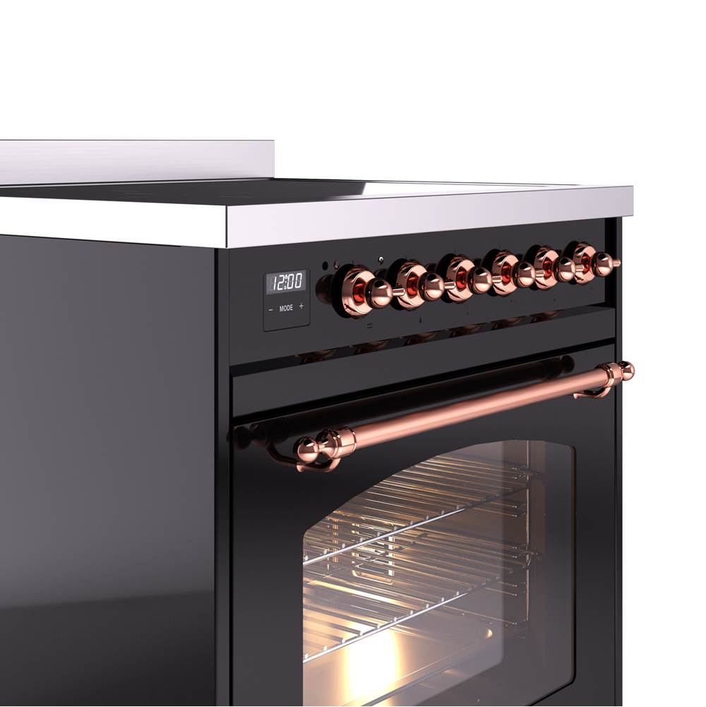 30'' Nostalgie II Series Freestanding Electric Induction Range - Glossy Black - Bronze trim