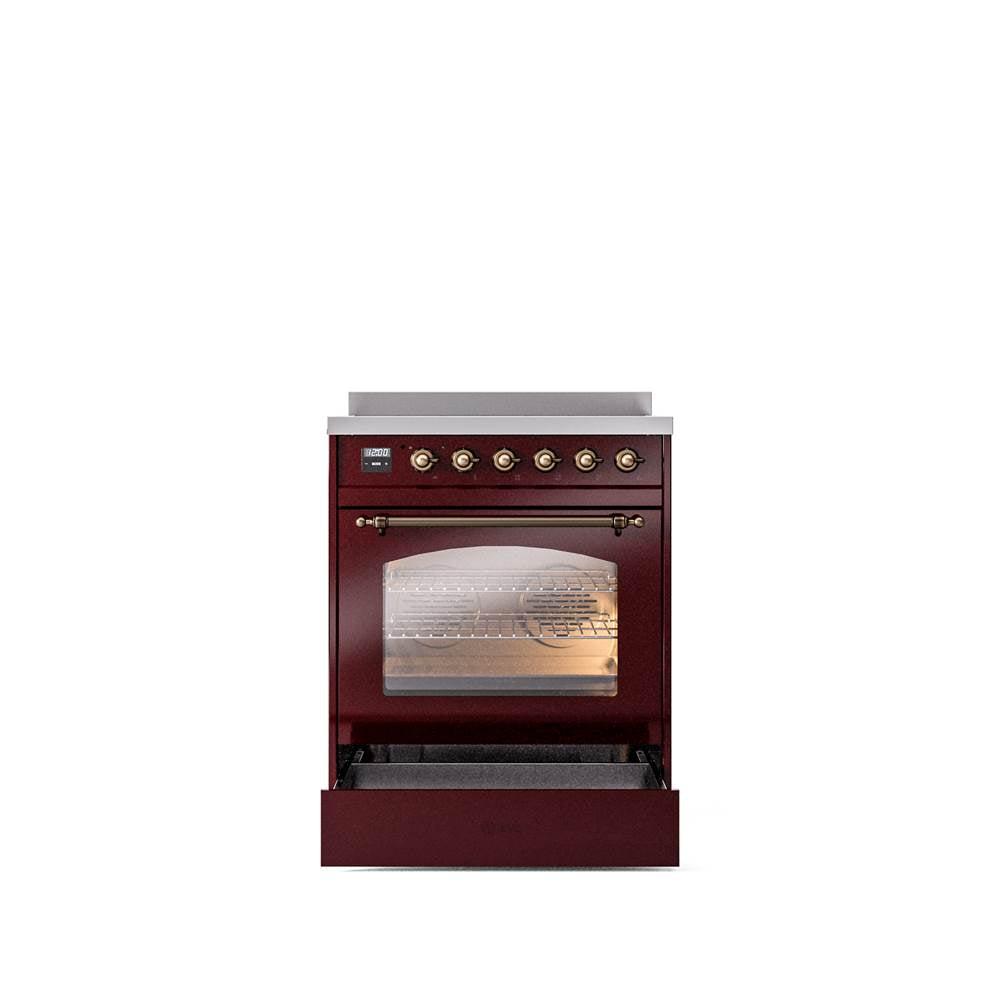 30'' Nostalgie II Series Freestanding Electric Induction Range - Burgundy - Bronze trim