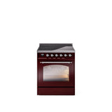 30'' Nostalgie II Series Freestanding Electric Induction Range - Burgundy - Bronze trim
