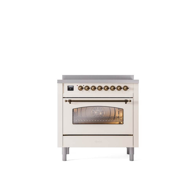 ILVE - 36'' Nostalgie II Series Freestanding Electric Induction Range - Antique White - Bronze trim - Bronze
