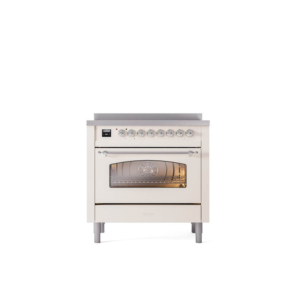 ILVE - 36'' Nostalgie II Series Freestanding Electric Induction Range - Antique White - Chrome trim - Chrome